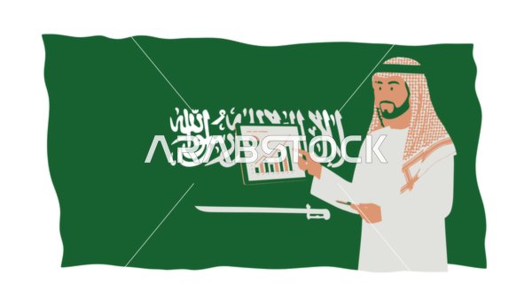 متابعة مخطط الرسوم البيانية، يوم العلم 11مارس، الاحتفال بذكرى اليوم الوطني السعودي, رجل عربي خليجي سعودي يرتدي الثوب التقليدي والشماغ يقوم بعرض المخططات،  خلفية بيضاء مع علم المملكة العربية السعودية، فيكتور اليستريتور