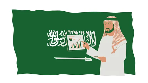 متابعة مخطط الرسوم البيانية، يوم العلم 11مارس، الاحتفال بذكرى اليوم الوطني السعودي, رجل عربي خليجي سعودي يرتدي الثوب التقليدي والشماغ يقوم بعرض المخططات،  خلفية بيضاء مع علم المملكة العربية السعودية، فيكتور اليستريتور