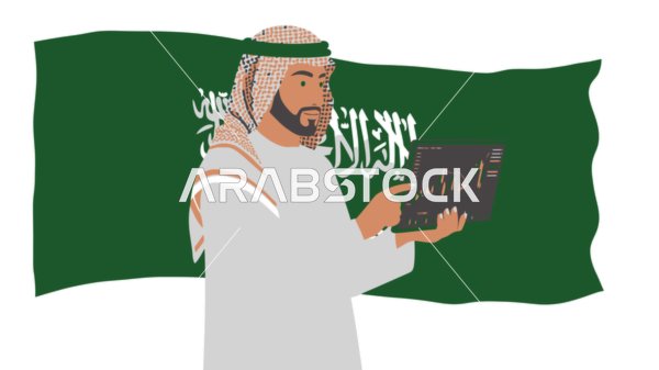 Celebrating Saudi National Day, Graphic Design Follow, Flag Day March 11, Saudi Arabian Gulf man wearing traditional thobe and shemagh displaying iPad screen, white background with Saudi Arabia flag, vector illustrator