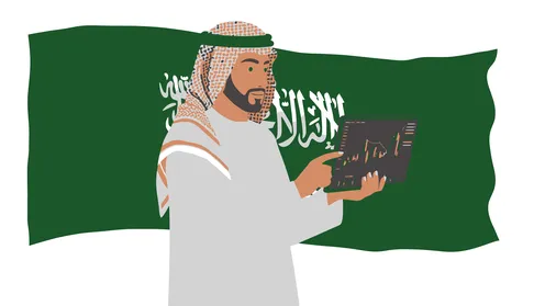 الاحتفال بذكرى اليوم الوطني السعودي, متابعة مخطط الرسوم البيانية، يوم العلم 11مارس، رجل عربي خليجي سعودي يرتدي الثوب التقليدي والشماغ يقوم بعرض شاشة الايباد،  خلفية بيضاء مع علم المملكة العربية السعودية، فيكتور اليستريتور