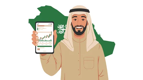 Celebrating Saudi National Day, Graphic Design Follow, Flag Day March 11, Saudi Arabian Gulf man wearing traditional thobe and shemagh displaying iPad screen, white background with Saudi Arabia flag, vector illustrator