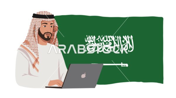 Saudi arabian man working on a laptop in front of the saudi arabian flag isolated on white background