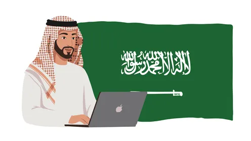 يوم العلم 11مارس، الاحتفال بذكرى اليوم الوطني السعودي, رجل عربي خليجي سعودي يرتدي الثوب التقليدي والشماغ يستخدم الحاسوب المحمول، الأناقة والاهتمام بالمظهر الخارجي، خلفية بيضاء مع علم المملكة العربية السعودية، فيكتور اليستريتور يوم العلم 11مارس، الاحتفال بذكرى اليوم الوطني السعودي, رجل عربي خليجي سعودي يرتدي الثوب التقليدي والشماغ يستخدم الحاسوب المحمول، الأناقة والاهتمام بالمظهر الخارجي، خلفية بيضاء مع علم المملكة العربية السعودية، فيكتور اليستريتور