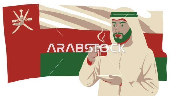 الاستمتاع بالمشروب الساخن المفضل، مفهوم الرجولة والثقة بالنفس, رجل عربي خليجي عماني يرتدي الدشداشة والغترة يحمل بيده كوب من الشاي، الأناقة والاهتمام بالمظهر الخارجي، خلفية بيضاء مع علم سلطنة عمان، فيكتور اليستريتور