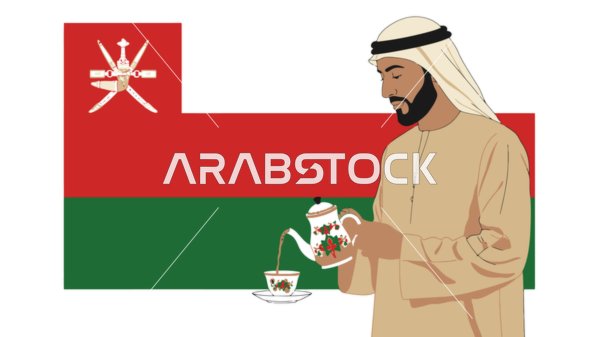 Enjoying your favorite hot drink, the concept of masculinity and self-confidence, an Arab Gulf Omani man wearing a dishdasha and ghutra holding a cup of tea, elegance and interest in one's appearance, white background with the flag of the Sultanate of Oman, vector illustrator