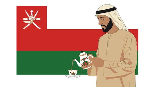 الاستمتاع بالمشروب الساخن المفضل، مفهوم الرجولة والثقة بالنفس, رجل عربي خليجي عماني يرتدي الدشداشة والغترة يقوم بصب الشاي، الأناقة والاهتمام بالمظهر الخارجي، خلفية بيضاء مع علم سلطنة عمان، فيكتور اليستريتور