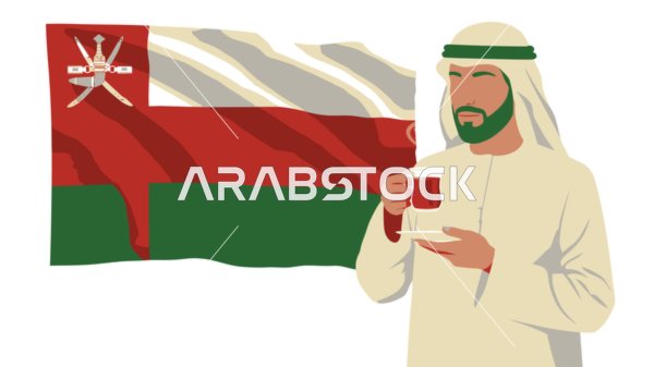 Enjoying your favorite hot drink, the concept of masculinity and self-confidence, an Arab Gulf Omani man wearing a dishdasha and ghutra holding a cup of coffee, elegance and interest in one's appearance, white background with the flag of the Sulanate of Oman, vector illustrator