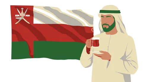 الاستمتاع بالمشروب الساخن المفضل، مفهوم الرجولة والثقة بالنفس, رجل عربي خليجي عماني يرتدي الدشداشة والغترة يحمل بيده كوب من الشاي، الأناقة والاهتمام بالمظهر الخارجي، خلفية بيضاء مع علم سلطنة عمان، فيكتور اليستريتور