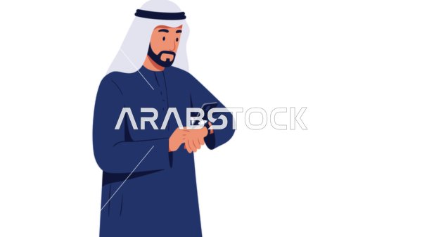 مفهوم ادارة الوقت, اداراك قيمة اللحظات الثمينة، الرجولة والثقة بالنفس, رجل عربي خليجي إماراتي يرتدي الكندورة والغترة ينظر إلى ساعة يده، الأناقة والاهتمام بالمظهر الخارجي، خلفية بيضاء، فيكتور اليستريتور