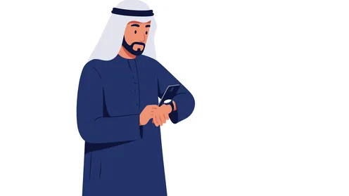 مفهوم ادارة الوقت, اداراك قيمة اللحظات الثمينة، الرجولة والثقة بالنفس, رجل عربي خليجي إماراتي يرتدي الكندورة والغترة ينظر إلى ساعة يده، الأناقة والاهتمام بالمظهر الخارجي، خلفية بيضاء، فيكتور اليستريتور