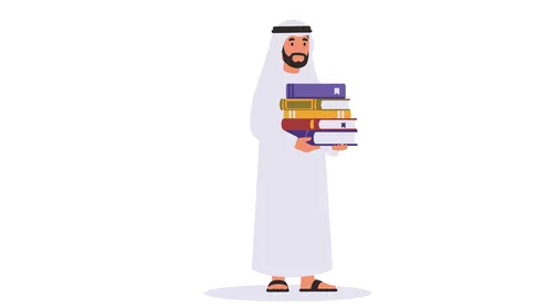 إستعارة الكتاب المناسب لإجراء البحوث العلمية،  تنمية الأفكار واكتساب المعلومات من خلال القراءة، رجل عربي خليجي إماراتي يرتدي الكندورة والغترة يحمل بيده مجموعة من الكتب، الأناقة والاهتمام بالمظهر الخارجي، خلفية بيضاء، فيكتور اليستريتور
