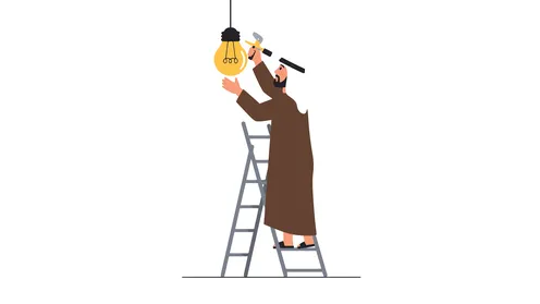 Home repair, concept of masculinity and self-confidence, an Emirati Gulf Arab man wearing a kandura and ghutra fixing a light, elegance and interest in one's appearance, white background, Illustrator vector