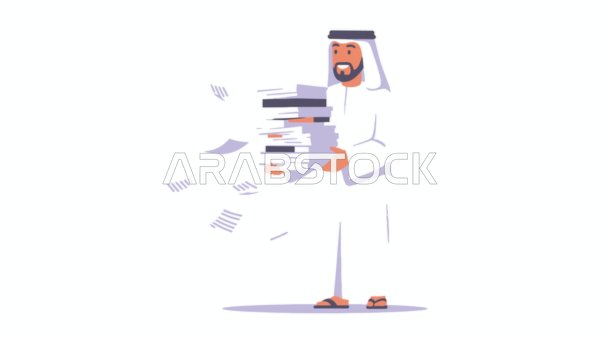 Borrowing the appropriate book to conduct scientific research, developing ideas and gaining information through reading, an Arab Gulf Emirati man wearing a kandura and ghutra holding a group of books in his hand, elegance and interest in outward appearance, white background, vector illustrator
