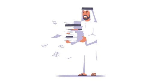 Borrowing the appropriate book to conduct scientific research, developing ideas and gaining information through reading, an Arab Gulf Emirati man wearing a kandura and ghutra holding a group of books in his hand, elegance and interest in outward appearance, white background, vector illustrator