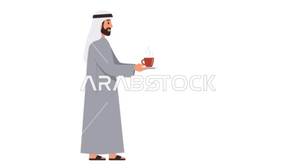 احتساء المشروب المفضل، مفهوم الرجولة والثقة بالنفس, رجل عربي خليجي إماراتي يرتدي الكندورة والغترة يحمل بيده كوب من الشاي، الأناقة والاهتمام بالمظهر الخارجي، خلفية بيضاء، فيكتور اليستريتور