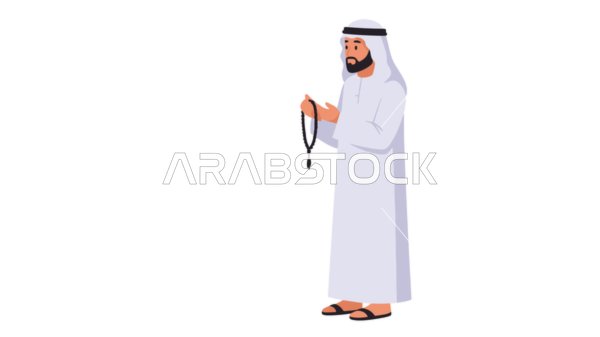 قراءة الأذكار والأدعية، التسبيح والتهليل وذكر الله تعالى، مفهوم الرجولة والثقة بالنفس, رجل عربي خليجي إماراتي يرتدي الكندورة والغترة يحمل بيده السبحة، الأناقة والاهتمام بالمظهر الخارجي، خلفية بيضاء، فيكتور اليستريتور