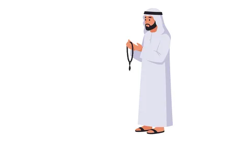 قراءة الأذكار والأدعية، التسبيح والتهليل وذكر الله تعالى، مفهوم الرجولة والثقة بالنفس, رجل عربي خليجي إماراتي يرتدي الكندورة والغترة يحمل بيده السبحة، الأناقة والاهتمام بالمظهر الخارجي، خلفية بيضاء، فيكتور اليستريتور