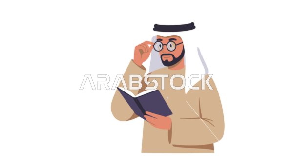 تمضية أوقات الفراغ بالتعلم والتثقيف، حب المطالعة والقراءة، مفهوم الرجولة والثقة بالنفس, رجل عربي خليجي إماراتي يرتدي الكندورة والغترة يقرا بايماءات التركيز، الأناقة والاهتمام بالمظهر الخارجي، خلفية بيضاء، فيكتور اليستريتور