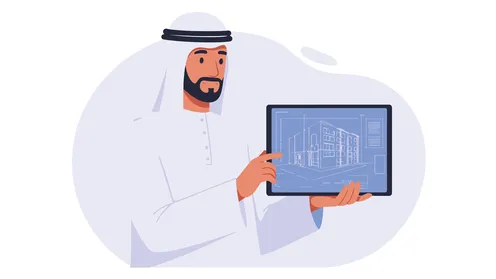 استخدام جهاز تقني حديث ومتطور، العمل عن بعد، مفهوم الرجولة والثقة بالنفس, رجل عربي خليجي إماراتي يرتدي الكندورة والغترة يعرض شاشة الجهاز اللوحي، الأناقة والاهتمام بالمظهر الخارجي، خلفية بيضاء، فيكتور اليستريتور