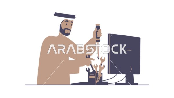اصلاح الاجهزة التقنية، مفهوم الرجولة والثقة بالنفس, رجل عربي خليجي إماراتي يرتدي الكندورة والغترة يقوم باصلاح الحاسب، الأناقة والاهتمام بالمظهر الخارجي، خلفية بيضاء، فيكتور اليستريتور