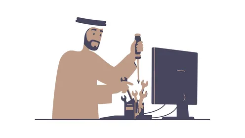 اصلاح الاجهزة التقنية، مفهوم الرجولة والثقة بالنفس, رجل عربي خليجي إماراتي يرتدي الكندورة والغترة يقوم باصلاح الحاسب، الأناقة والاهتمام بالمظهر الخارجي، خلفية بيضاء، فيكتور اليستريتور