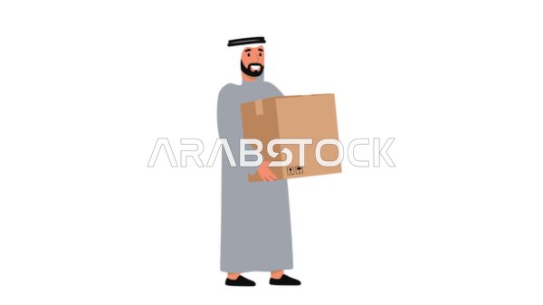 الشراء عن طريق الانترنت، مفهوم الرجولة والثقة بالنفس, رجل عربي خليجي إماراتي يرتدي الكندورة والغترة يحمل بيده صندوق كرتوني بني، الأناقة والاهتمام بالمظهر الخارجي، خلفية بيضاء، فيكتور اليستريتور