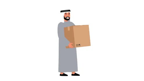 الشراء عن طريق الانترنت، مفهوم الرجولة والثقة بالنفس, رجل عربي خليجي إماراتي يرتدي الكندورة والغترة يحمل بيده صندوق كرتوني بني، الأناقة والاهتمام بالمظهر الخارجي، خلفية بيضاء، فيكتور اليستريتور