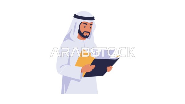 تمضية أوقات الفراغ بالتعلم والتثقيف، حب المطالعة والقراءة، مفهوم الرجولة والثقة بالنفس, رجل عربي خليجي إماراتي يرتدي الكندورة والغترة يقرا بايماءات التركيز، الأناقة والاهتمام بالمظهر الخارجي، خلفية بيضاء، فيكتور اليستريتور