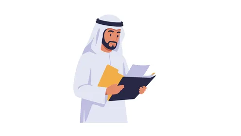 Spending free time learning and educating, love of reading, concept of masculinity and self-confidence, an Arab Gulf Emirati man wearing a kandura and ghutra reading with gestures of concentration, elegance and interest in outward appearance, white background, Illustrator vector