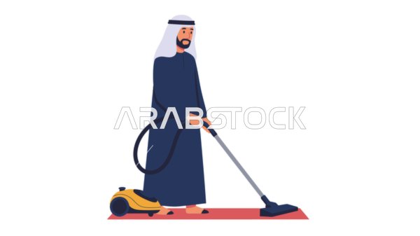 أدوات التنظيف المنزلية، المساعدة في الأعمال في المنزل, رجل عربي خليجي إماراتي يرتدي الكندورة والغترة يقوم باستخدام المكنسة، الأناقة والاهتمام بالمظهر الخارجي، خلفية بيضاء، فيكتور اليستريتور