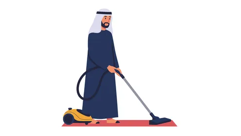 Household cleaning tools, help with housework, Emirati Gulf Arab man wearing kandura and ghutra using broom, elegance and interest in appearance, white background, Illustrator vector
