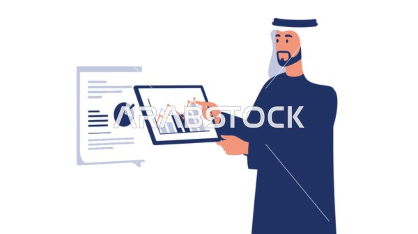 استخدام جهاز تقني حديث ومتطور، العمل عن بعد، مفهوم الرجولة والثقة بالنفس, رجل عربي خليجي إماراتي يرتدي الكندورة والغترة يعرض شاشة الجهاز اللوحي، الأناقة والاهتمام بالمظهر الخارجي، خلفية بيضاء، فيكتور اليستريتور