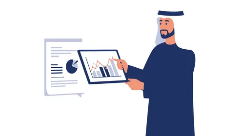 استخدام جهاز تقني حديث ومتطور، العمل عن بعد، مفهوم الرجولة والثقة بالنفس, رجل عربي خليجي إماراتي يرتدي الكندورة والغترة يعرض شاشة الجهاز اللوحي، الأناقة والاهتمام بالمظهر الخارجي، خلفية بيضاء، فيكتور اليستريتور