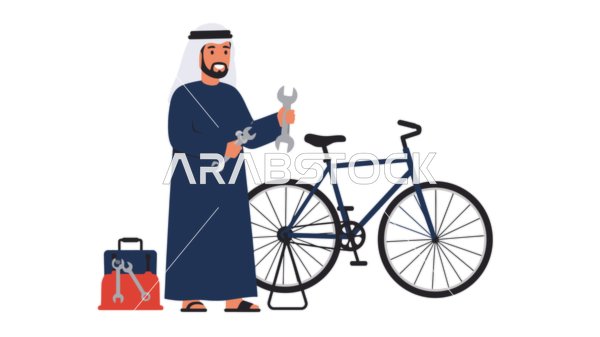 Physical activity to maintain physical fitness, an Arab Gulf Emirati man wearing a kandura and ghutra repairing a bicycle, elegance and interest in external appearance, purple background, vector illustrator
