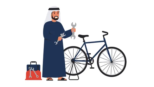 Physical activity to maintain physical fitness, an Arab Gulf Emirati man wearing a kandura and ghutra repairing a bicycle, elegance and interest in external appearance, purple background, vector illustrator
