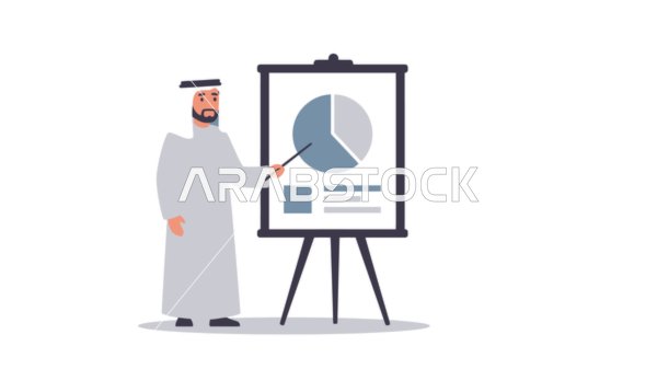 Ensuring a clear and comprehensive understanding of the business, using the board to explain the company's processes and procedures, an Emirati Gulf Arab man wearing a kandura and ghutra explaining on the board, elegance and attention to appearance, white background, Illustrator vector
