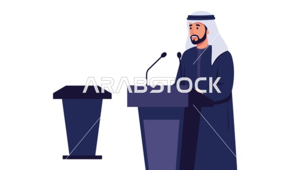 Presenting and discussing ideas, exchanging dialogues and effective communication, the concept of masculinity and self-confidence, an Arab Gulf Emirati man wearing a kandura and ghutra holding a microphone, elegance and interest in external appearance, white background, Illustrator vector