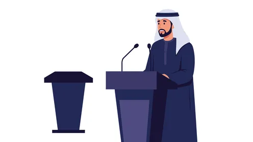 Presenting and discussing ideas, exchanging dialogues and effective communication, the concept of masculinity and self-confidence, an Arab Gulf Emirati man wearing a kandura and ghutra holding a microphone, elegance and interest in external appearance, white background, Illustrator vector