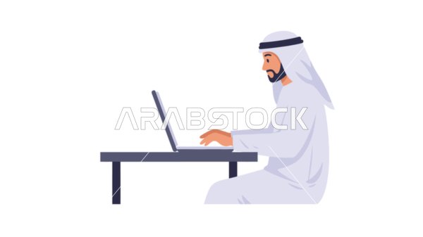 Remote work, using a modern and advanced technical device, the concept of masculinity and self-confidence, an Arab Gulf Emirati man wearing a kandura and ghutra using a laptop, elegance and interest in appearance, white background, Illustrator vector