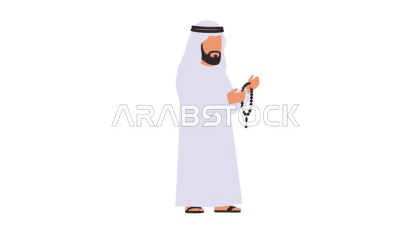 قراءة الأذكار والأدعية، التسبيح والتهليل وذكر الله تعالى، مفهوم الرجولة والثقة بالنفس, رجل عربي خليجي إماراتي يرتدي الكندورة والغترة يحمل بيده السبحة، الأناقة والاهتمام بالمظهر الخارجي، خلفية بيضاء، فيكتور اليستريتور