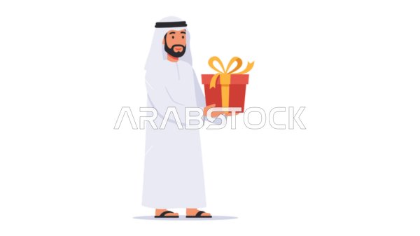 The concept of thanks and gratitude, giving gifts on holidays and special occasions, expressing love, appreciation and respect, an Arab Gulf Emirati man wearing a kandura and ghutra holding a gift box, elegance and interest in outward appearance, white background, Illustrator vector
