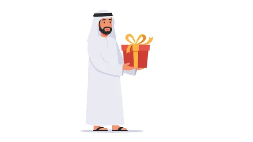 The concept of thanks and gratitude, giving gifts on holidays and special occasions, expressing love, appreciation and respect, an Arab Gulf Emirati man wearing a kandura and ghutra holding a gift box, elegance and interest in outward appearance, white background, Illustrator vector