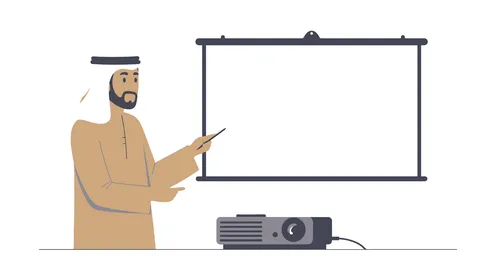 ضمان فهم واضح وشامل للاعمال, استخدام اللوح لتوضيح العمليات والاجراءات المتبعة في الشركة, رجل عربي خليجي إماراتي يرتدي الكندورة والغترة يقوم بالشرح على السبورة، الأناقة والاهتمام بالمظهر الخارجي، خلفية بيضاء، فيكتور اليستريتور