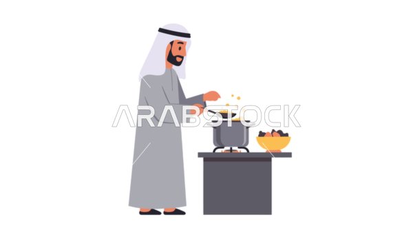 Preparing food with fresh natural ingredients, cooking arts and skills, an Emirati Gulf Arab man wearing a kandura and ghutra preparing food, elegance and interest in appearance, white background, vector illustrator