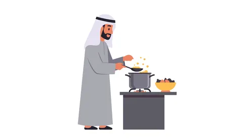 Preparing food with fresh natural ingredients, cooking arts and skills, an Emirati Gulf Arab man wearing a kandura and ghutra preparing food, elegance and interest in appearance, white background, vector illustrator