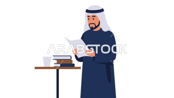 تمضية أوقات الفراغ بالتعلم والتثقيف، حب المطالعة والقراءة، مفهوم الرجولة والثقة بالنفس, رجل عربي خليجي إماراتي يرتدي الكندورة والغترة يقرا بايماءات التركيز، الأناقة والاهتمام بالمظهر الخارجي، خلفية بيضاء، فيكتور اليستريتور
