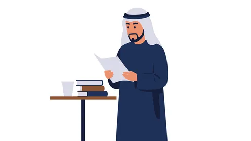 تمضية أوقات الفراغ بالتعلم والتثقيف، حب المطالعة والقراءة، مفهوم الرجولة والثقة بالنفس, رجل عربي خليجي إماراتي يرتدي الكندورة والغترة يقرا بايماءات التركيز، الأناقة والاهتمام بالمظهر الخارجي، خلفية بيضاء، فيكتور اليستريتور