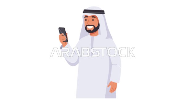 تصفح التطبيقات والتواصل مع الاهل والاصدقاء, رجل عربي خليجي إماراتي يرتدي الكندورة والغترة يحمل بيده الهاتف المحمول، الأناقة والاهتمام بالمظهر الخارجي، خلفية بيضاء، فيكتور اليستريتور