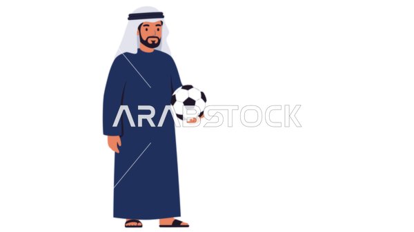Youth recreational activity, passion for cheering for their favorite football team, an Emirati Gulf Arab man wearing a kandura and ghutra holding a ball, elegance and interest in appearance, white background, Illustrator vector