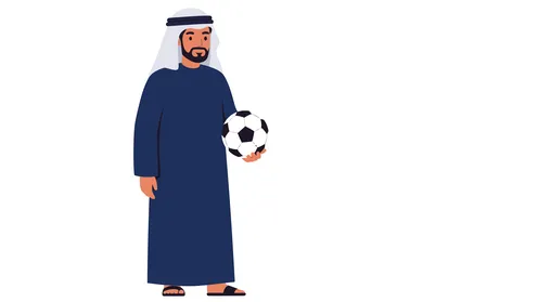 Youth recreational activity, passion for cheering for their favorite football team, an Emirati Gulf Arab man wearing a kandura and ghutra holding a ball, elegance and interest in appearance, white background, Illustrator vector